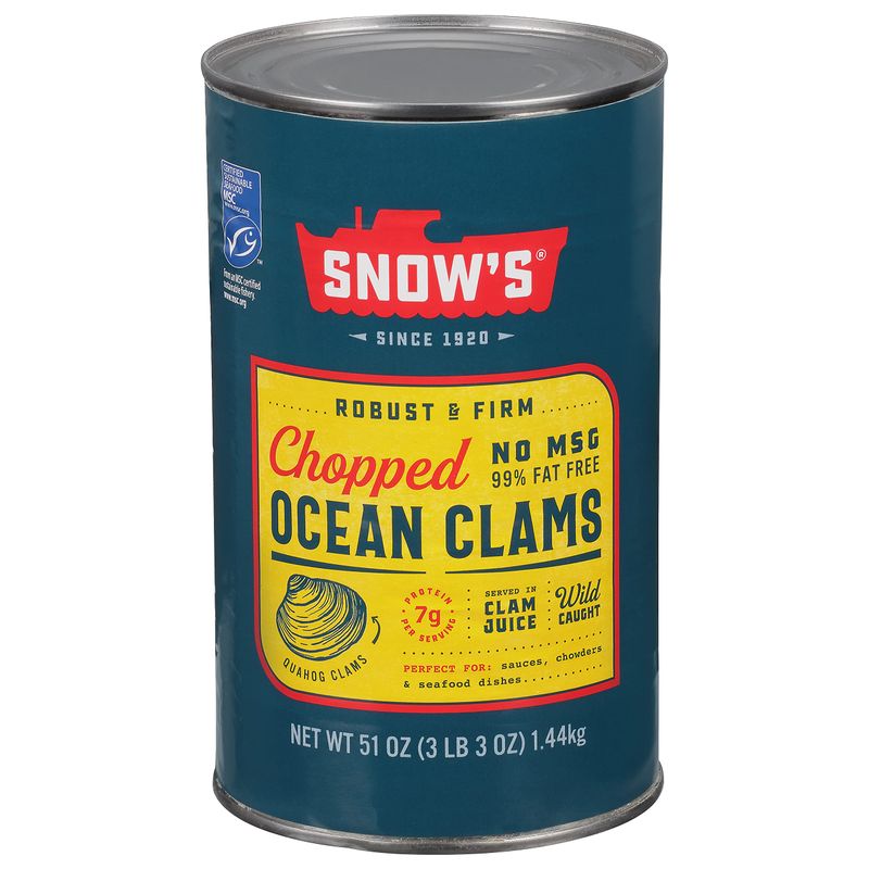 Snow&#39;s Ocean Chopped Clams Canned, 51 oz Can - 7g Protein per Serving - Gluten Free, No MSG, 99% Fat Free - Great for Pasta &amp; Seafood Recipes