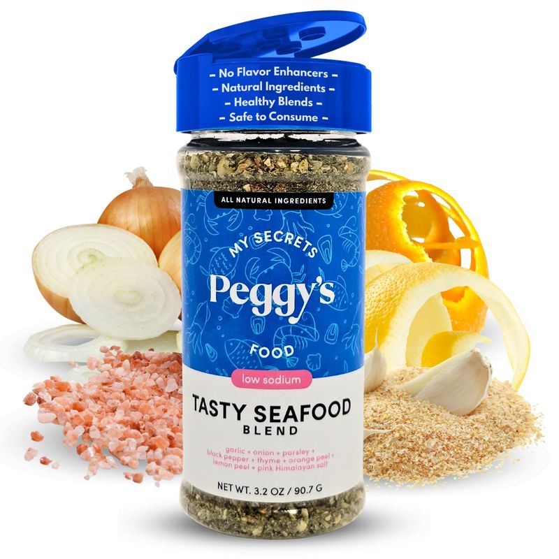 My Secrets Peggys Food Tasty Seafood Seasoning Blend - Low Sodium Spice Seasoning Mix - Natural Seafood Herb Spice Seasoning with Himalayan Pink Salt - 3.2 Oz Pack