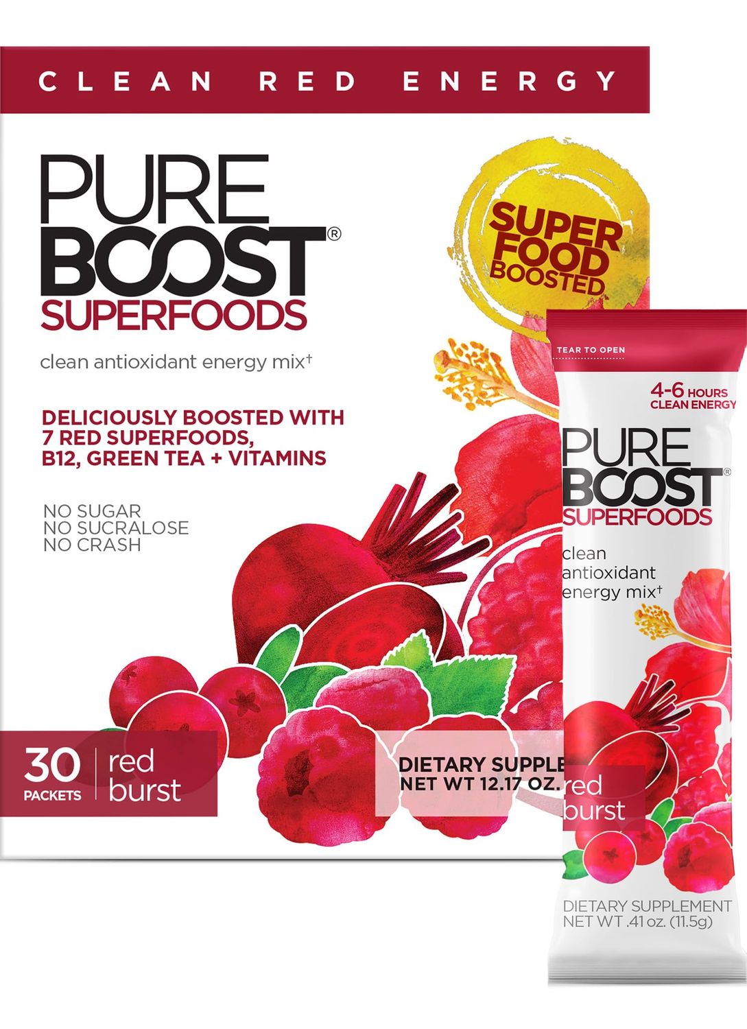 Pureboost Superfoods Clean Energy Booster, Refreshing Energy Drink Mix with 7 Organic Red Superfoods; Beet, Hibiscus, Pomegranate and Vitamins. Sugar-Free Energy. No Sucralose (Red Burst, 30 Count)