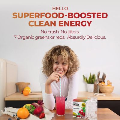 Pureboost Superfoods Clean Energy Booster, Refreshing Energy Drink Mix with 7 Organic Red Superfoods; Beet, Hibiscus, Pomegranate and Vitamins. Sugar-Free Energy. No Sucralose (Red Burst, 30 Count)