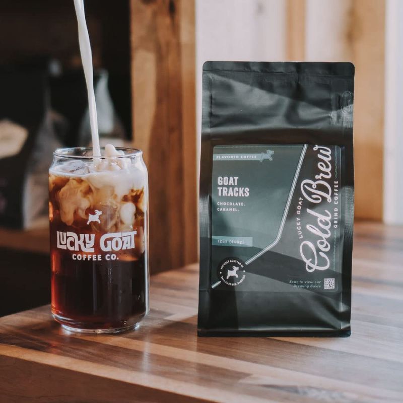 Lucky Goat Cold Brew Coffee | Goat Tracks | Chocolate &amp; Caramel Flavored | Medium Body Roast | Sweet | Specialty Grade 100% Arabica | Course Ground Coffee Grinds | Sugar Free, Gluten Free, Keto 12oz