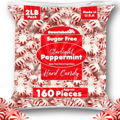 Sweetaholic Sugar Free Starlight Peppermint Candy | 2 Pound (160 Pcs Approx) | MADE IN USA | Individually Wrapped | Bulk Hard Candy | Kosher, Low Calories | Best for Parties, Event