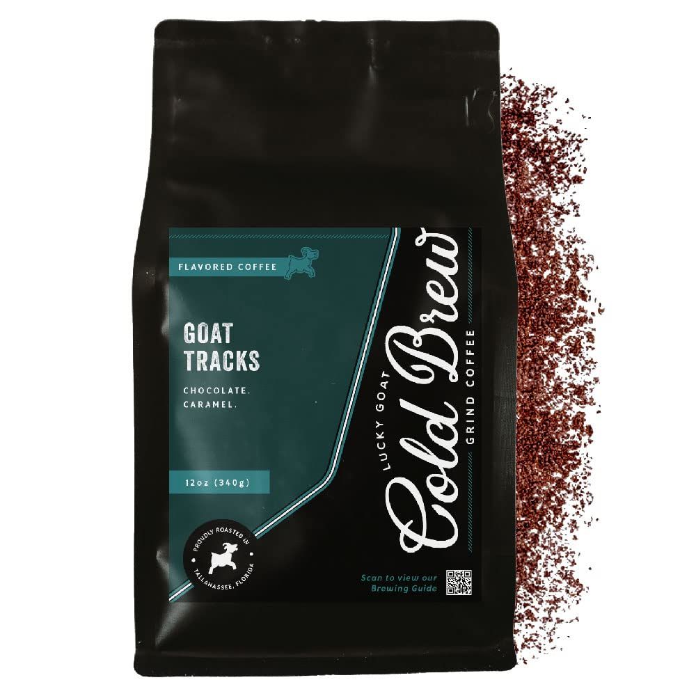 Lucky Goat Cold Brew Coffee | Goat Tracks | Chocolate &amp; Caramel Flavored | Medium Body Roast | Sweet | Specialty Grade 100% Arabica | Course Ground Coffee Grinds | Sugar Free, Gluten Free, Keto 12oz
