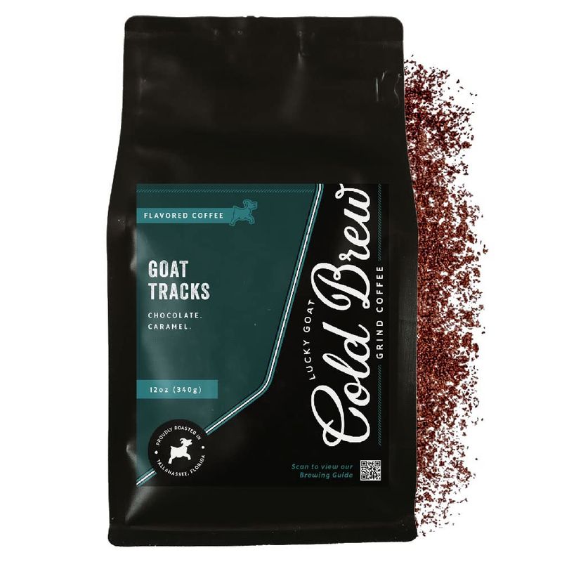 Lucky Goat Cold Brew Coffee | Goat Tracks | Chocolate &amp; Caramel Flavored | Medium Body Roast | Sweet | Specialty Grade 100% Arabica | Course Ground Coffee Grinds | Sugar Free, Gluten Free, Keto 12oz