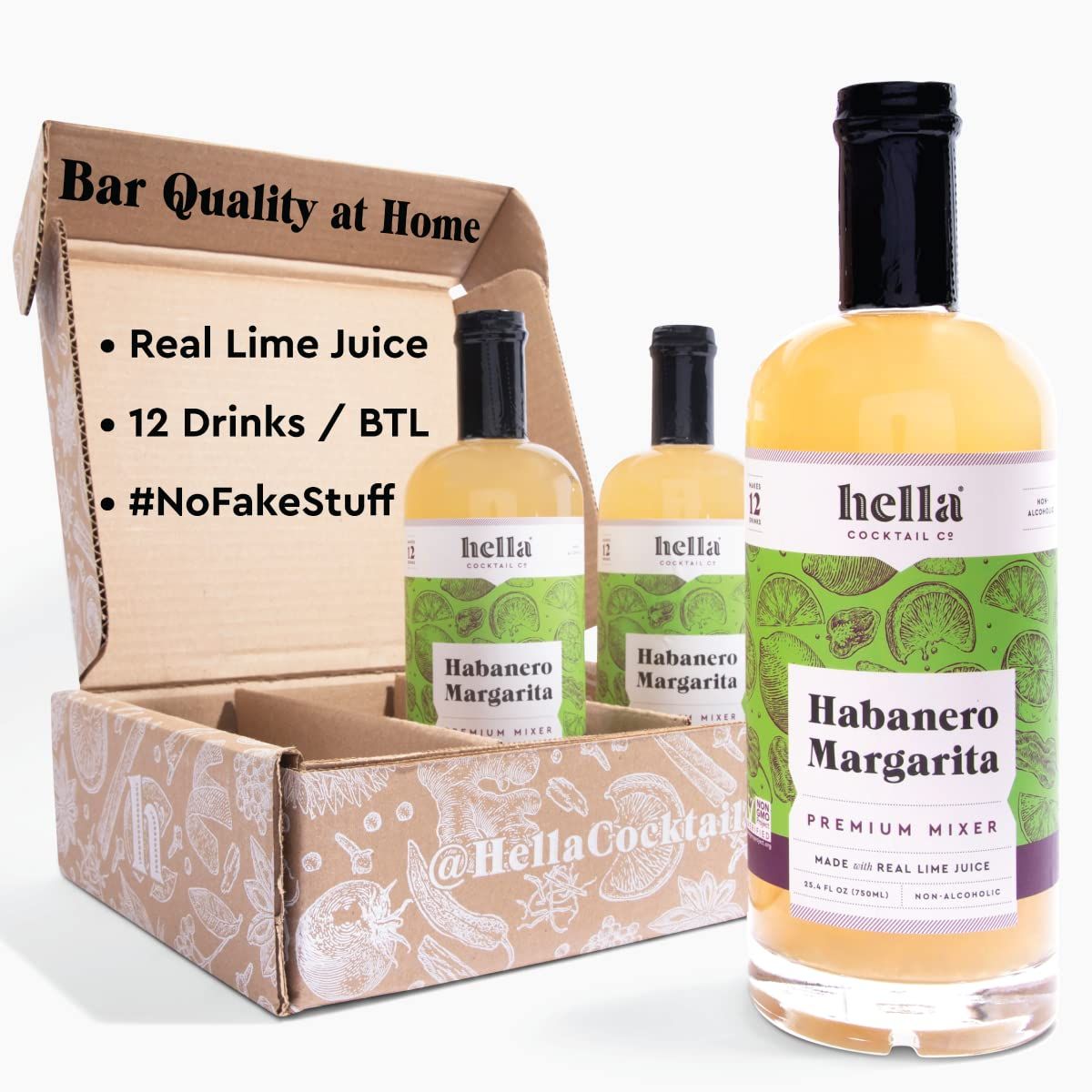 Hella Cocktail Co. Premium Habanero Margarita Mixer | Made with Real Lime Juice and Habanero Pepper, Margarita Mix Ready-to-Mix for The Perfect Spicy Margarita or Non Alcoholic Margarita