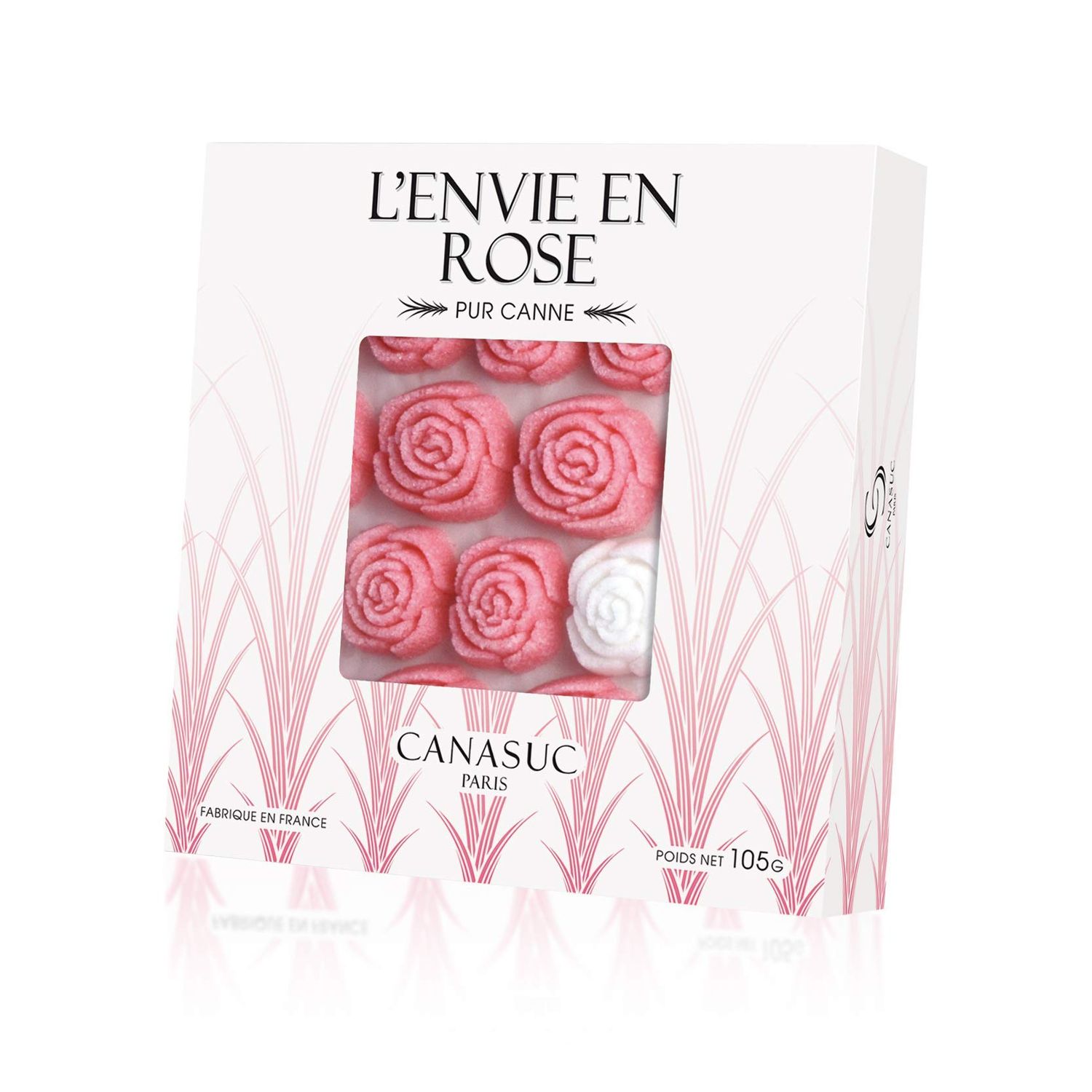 Canasuc Paris, L&#39; Envie en Rose Pur Sucre de Canne,Window Gift Box of 36 Assorted French Molded Rose Sugar Pieces, White &amp; Rose, 3.35 Oz