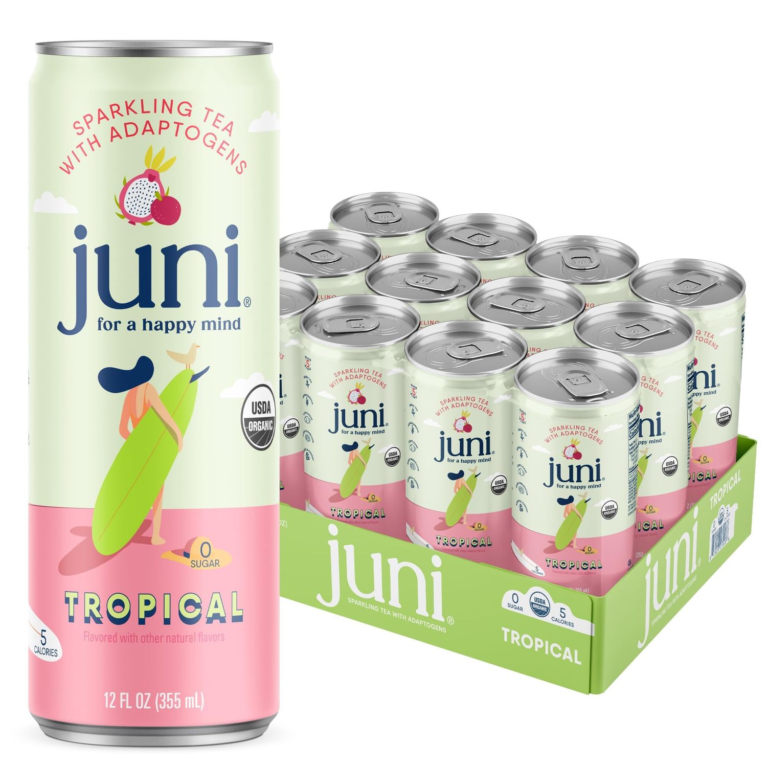 Juni Sparkling Tea with Adaptogens, Tropical Tea, Zero Sugar, 5 Calories, Organic, Iced Tea, Natural Caffeine from Green Tea, Vegan, Adaptogen Drink, 12 Fl Oz Cans (12-Pack)