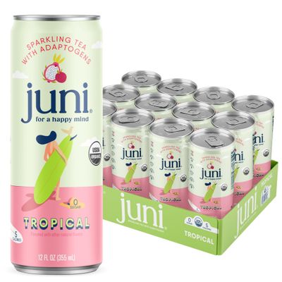 Juni Sparkling Tea with Adaptogens, Tropical Tea, Zero Sugar, 5 Calories, Organic, Iced Tea, Natural Caffeine from Green Tea, Vegan, Adaptogen Drink, 12 Fl Oz Cans (12-Pack)