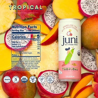 Juni Sparkling Tea with Adaptogens, Tropical Tea, Zero Sugar, 5 Calories, Organic, Iced Tea, Natural Caffeine from Green Tea, Vegan, Adaptogen Drink, 12 Fl Oz Cans (12-Pack)
