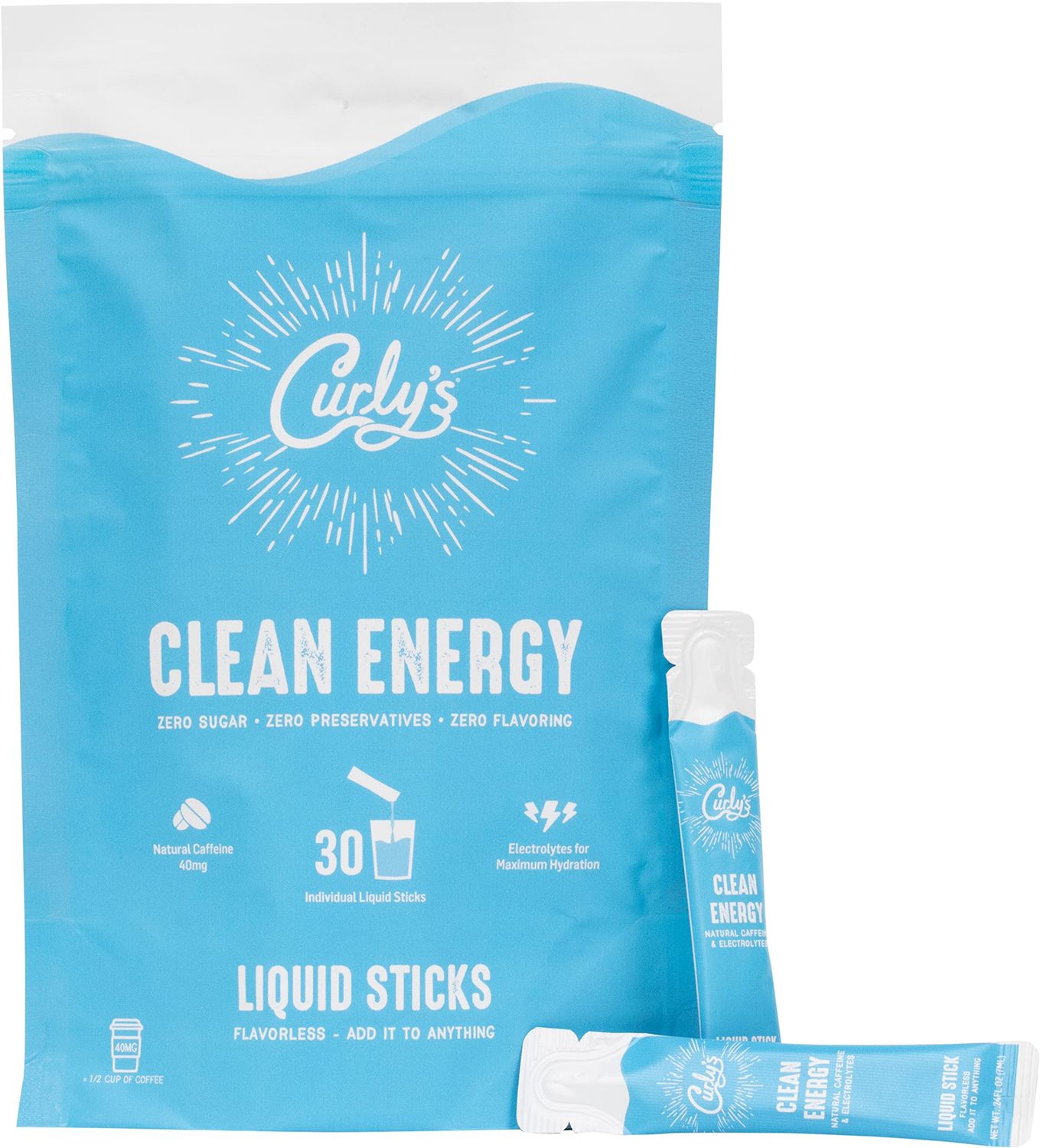 Curly&#39;s Clean Energy Caffeine &amp; Electrolyte Sticks - Energize Your Favorite Drink - Keto, Paleo &amp; Whole 30 Friendly - All Natural - No Sugar, No Calories, Non-GMO - 30 Flavorless Liquid Stick Packs