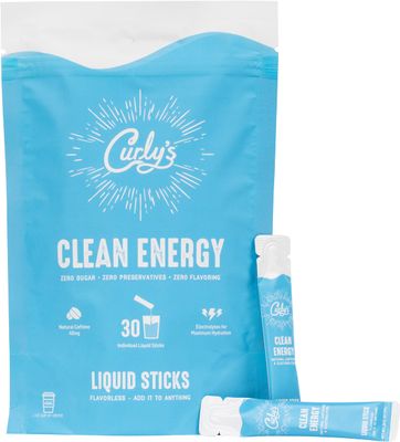 Curly&#39;s Clean Energy Caffeine &amp; Electrolyte Sticks - Energize Your Favorite Drink - Keto, Paleo &amp; Whole 30 Friendly - All Natural - No Sugar, No Calories, Non-GMO - 30 Flavorless Liquid Stick Packs