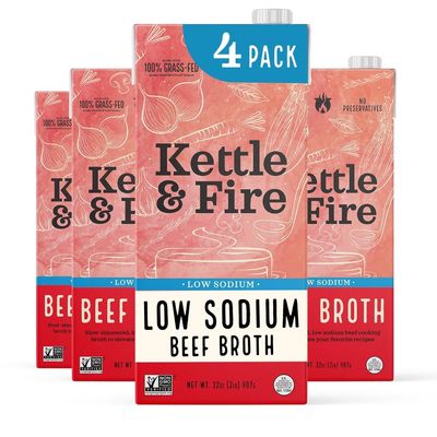 Low Sodium Beef Broth - Pack of 4 - Organic Cooking Stock, Real Bones Not Powder,Grass Fed, Protein, Keto, Paleo, GF, Whole 30 Diet Friendly, Natural Soup Base, 32 oz Liquid Cases