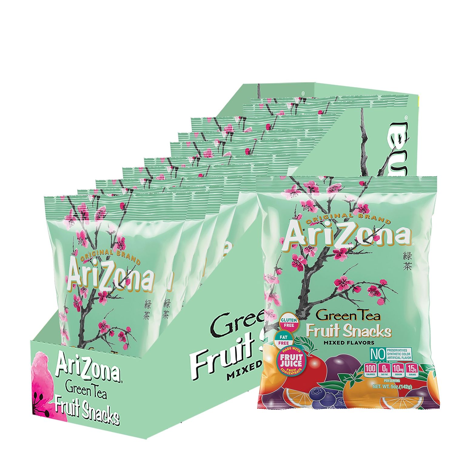 AriZona Green Tea Fruit Snacks, Gluten Free Mixed Fruit Gummy Chews 5 Ounce Individual Single Serve Bags, Green Tea,(Pack of 12)