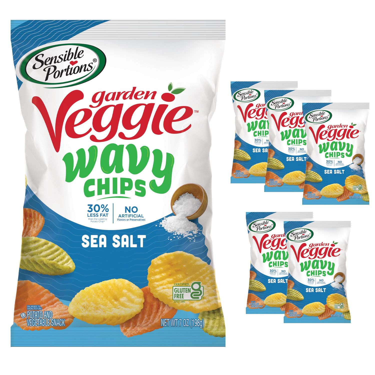 Sensible Portions Veggie Wavy Chips, Sea Salt Flavor, Gluten-Free Chips, 7 Ounce Bag, 6-Pack