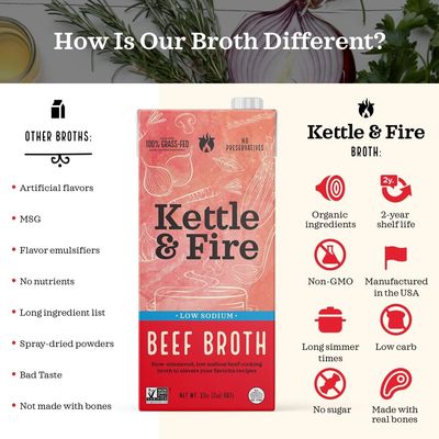 Low Sodium Beef Broth - Pack of 4 - Organic Cooking Stock, Real Bones Not Powder,Grass Fed, Protein, Keto, Paleo, GF, Whole 30 Diet Friendly, Natural Soup Base, 32 oz Liquid Cases