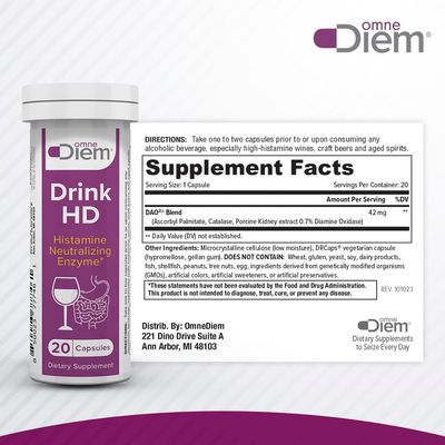 Omne Diem Drink HD Dietary Supplement: Natural Histamine Neutralizing &amp; Digesting Enzyme - Diamine Oxidase (DAO), 20 Capsules