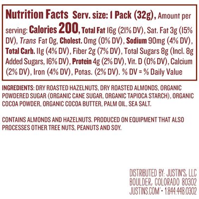 Justin's Chocolate Hazelnut &amp; Almond Butter Squeeze Pack, Organic Cocoa, Gluten-free, Responsibly Sourced, Packaging May Vary, 1.15 Ounce (Pack of 10)