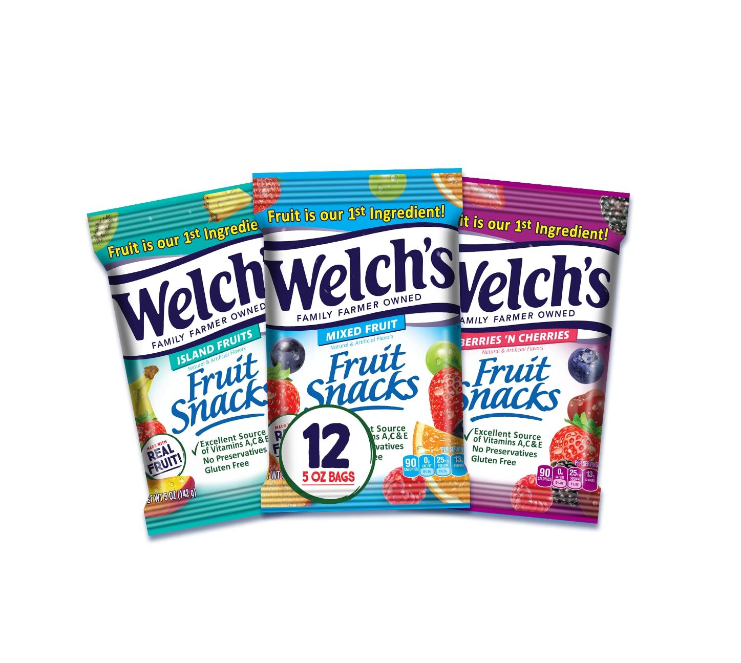Welch&#39;s Fruit Snacks, Variety Pack With Mixed Fruit, Berries &#39;N Cherries &amp; Island Fruits, Gluten Free, Bulk Pack, 5oz (Pack of 12)