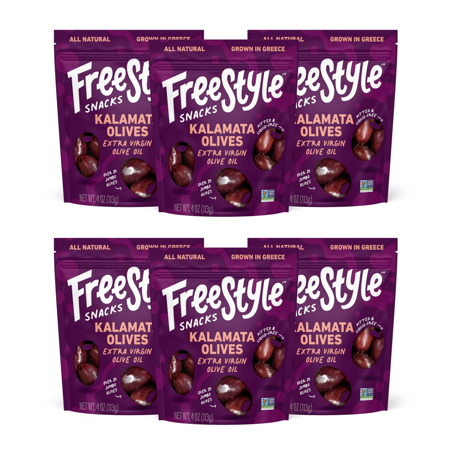 Freestyle Snacks, Olive Snack Packs - Fresh Pitted Kalamata Olives, Marinated in Extra Virgin Olive Oil, Salty Snack, Grown in Greece, All Natural, Non-GMO, Paleo, Keto Snacks - Kalamata, 4oz (6 Pack)