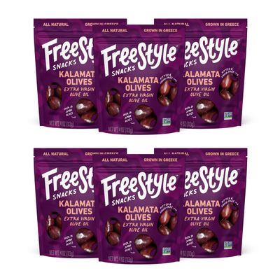 Freestyle Snacks, Olive Snack Packs - Fresh Pitted Kalamata Olives, Marinated in Extra Virgin Olive Oil, Salty Snack, Grown in Greece, All Natural, Non-GMO, Paleo, Keto Snacks - Kalamata, 4oz (6 Pack)