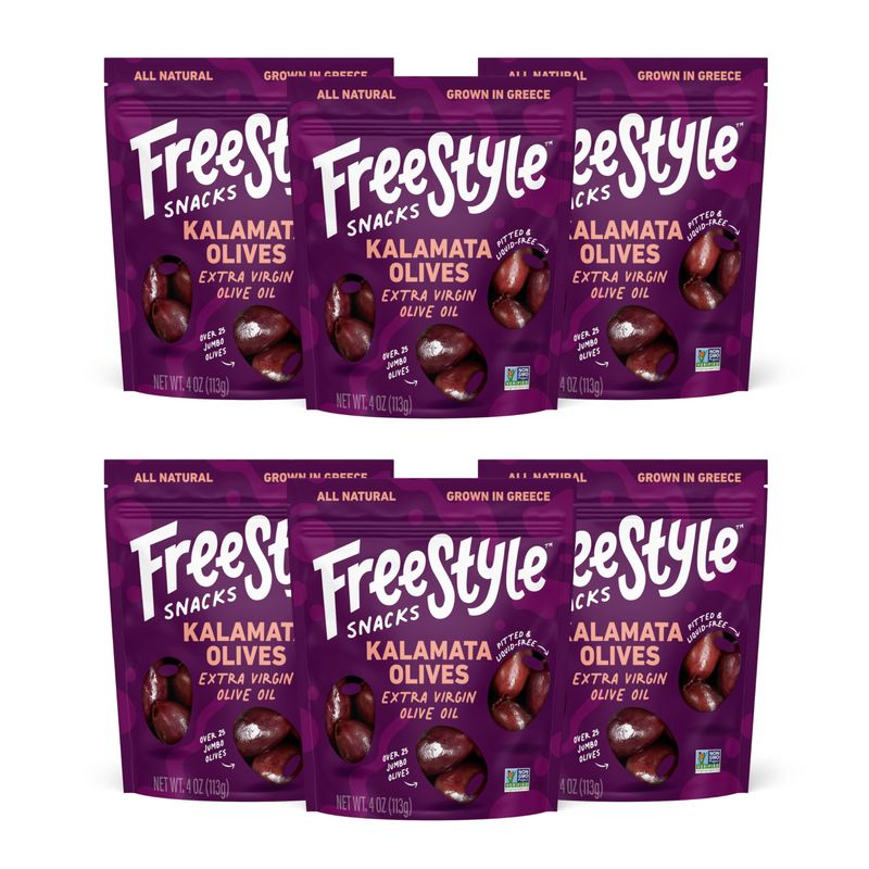 Freestyle Snacks, Olive Snack Packs - Fresh Pitted Kalamata Olives, Marinated in Extra Virgin Olive Oil, Salty Snack, Grown in Greece, All Natural, Non-GMO, Paleo, Keto Snacks - Kalamata, 4oz (6 Pack)