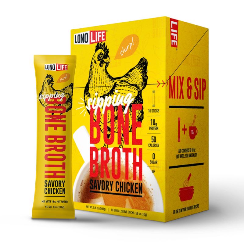 LonoLife Chicken Bone Broth Powder Mix | 10g Protein | Collagen-Rich, Keto &amp; Paleo Friendly | Natural Ingredients | 10 Portable Stick Pack Servings
