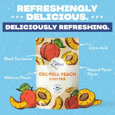 HTeaO Iced Tea Sachets - Georgia Peach Black Tea Mix for Instant Ice Tea - 4 Gallons Per Package - Real Texas-Style Flavored Iced Tea in 5 Minutes (Pack of 8 Sachet Bags)