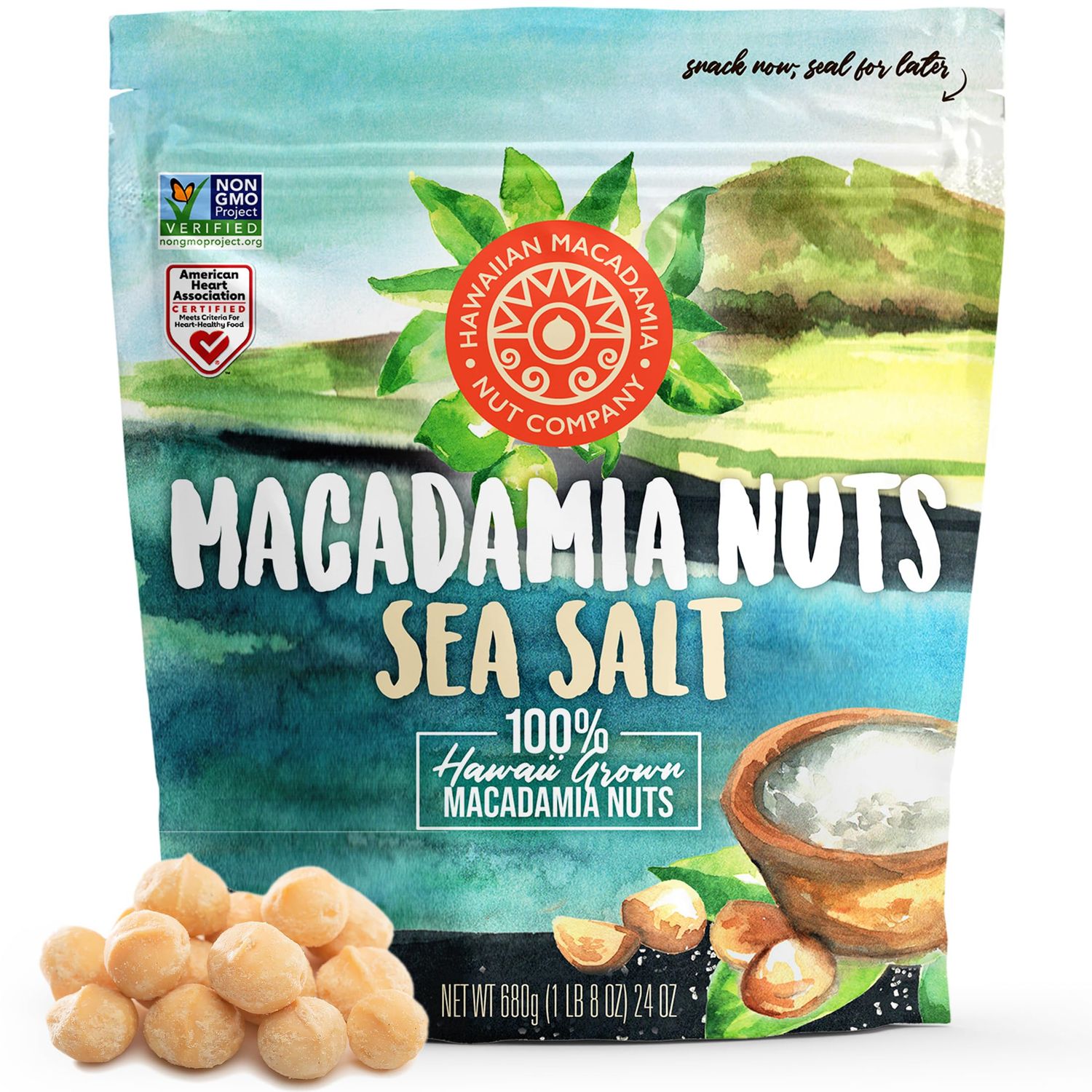 Hawaiian Macadamia Nut Company Dry Roasted Macadamia Nuts with Sea Salt 24 OZ (1.5 lbs), Source of Fiber, Gluten-Free and Certified Non-GMO, Premium Quality, Crunchy and Delicious