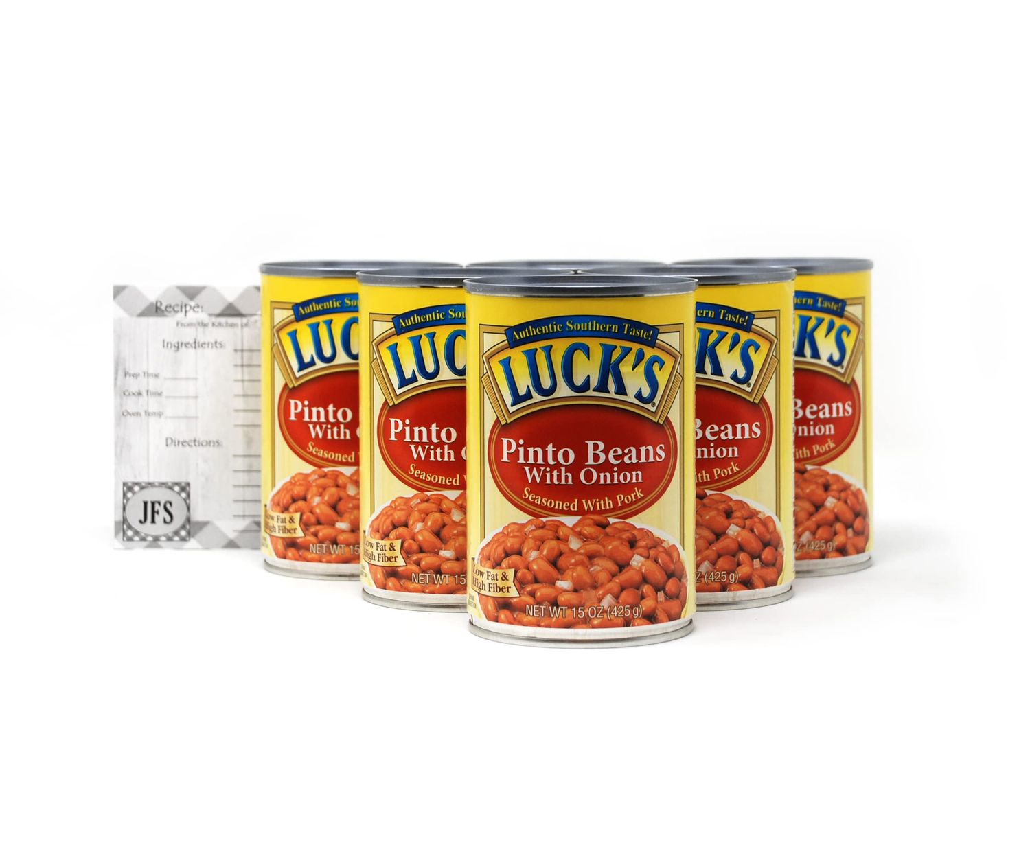 Lucks Pinto Beans with Onions, 6-15 ounce cans full of Plant Protein bundled with JFS Recipe Card