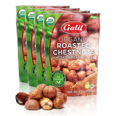 Galil Organic Roasted Chestnuts Pack of 4 - Shelled &amp; Ready to Eat - Gluten Free, Vegan, Organic, Non-GMO, Kosher Snacks - Great for Baking, Cooking &amp; Turkey Stuffing 3.5oz Bags