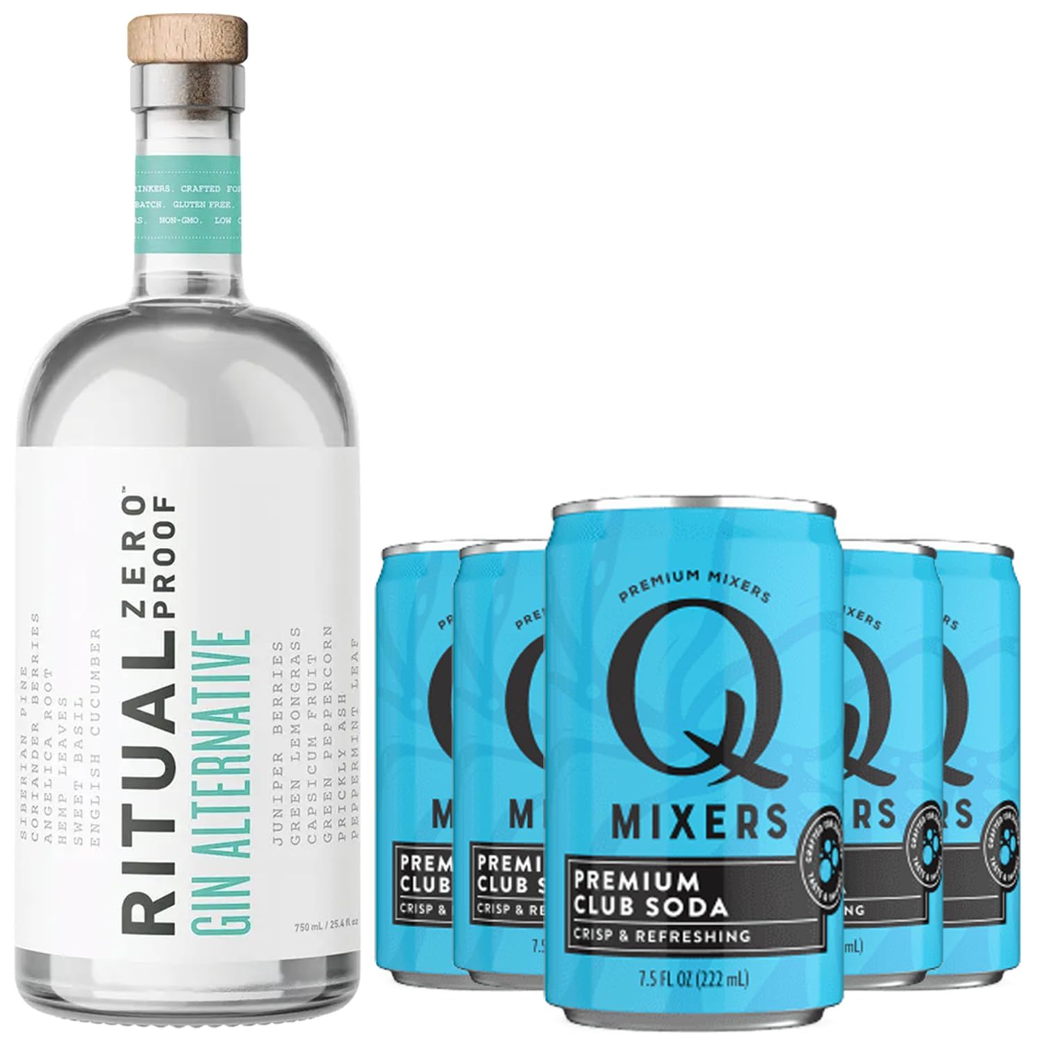 Ritual Zero Non-Alcoholic Gin Alternative with 5 Pack of Q Mixers Club Soda for your favorite Alcohol-Free Mixed Drink