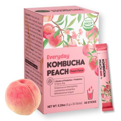 Unha&#39;s Everyday Kombucha Tea, Peach Flavored Powder 5g x 30 Sachets (150g/5.29oz) Probiotics, Prebiotics, Sugar-Free, Black Tea, With SCOBY Healthy Drink, Small