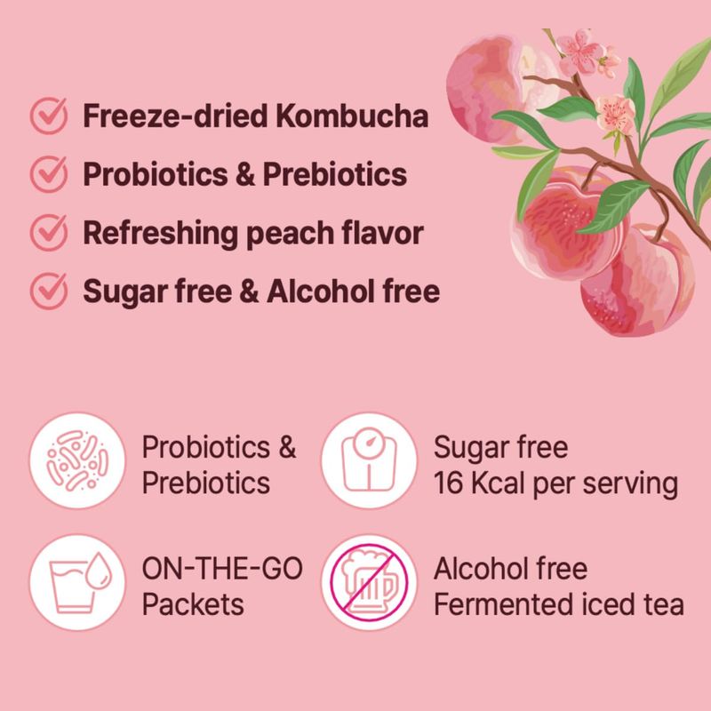Unha's Everyday Kombucha Tea, Peach Flavored Powder 5g x 30 Sachets (150g/5.29oz) Probiotics, Prebiotics, Sugar-Free, Black Tea, With SCOBY Healthy Drink, Small