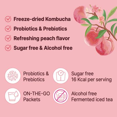 Unha's Everyday Kombucha Tea, Peach Flavored Powder 5g x 30 Sachets (150g/5.29oz) Probiotics, Prebiotics, Sugar-Free, Black Tea, With SCOBY Healthy Drink, Small
