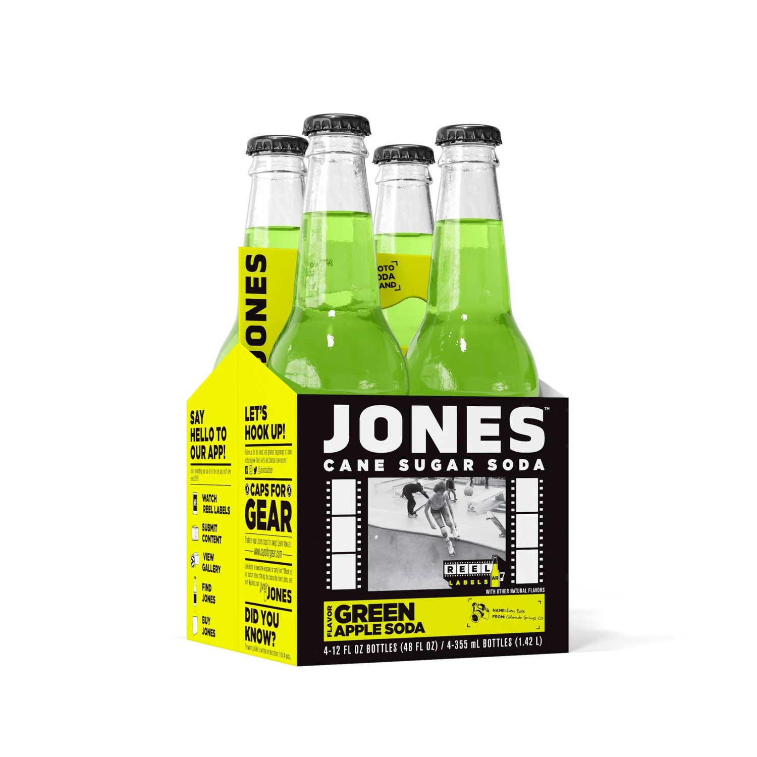 Four(4) Bottles - Jones Soda Co. Green Apple Soda Flavor | 100% Cane Sugar Soda | Craft Soda Pop | Soda Soft Drinks | Glass Bottle Soda