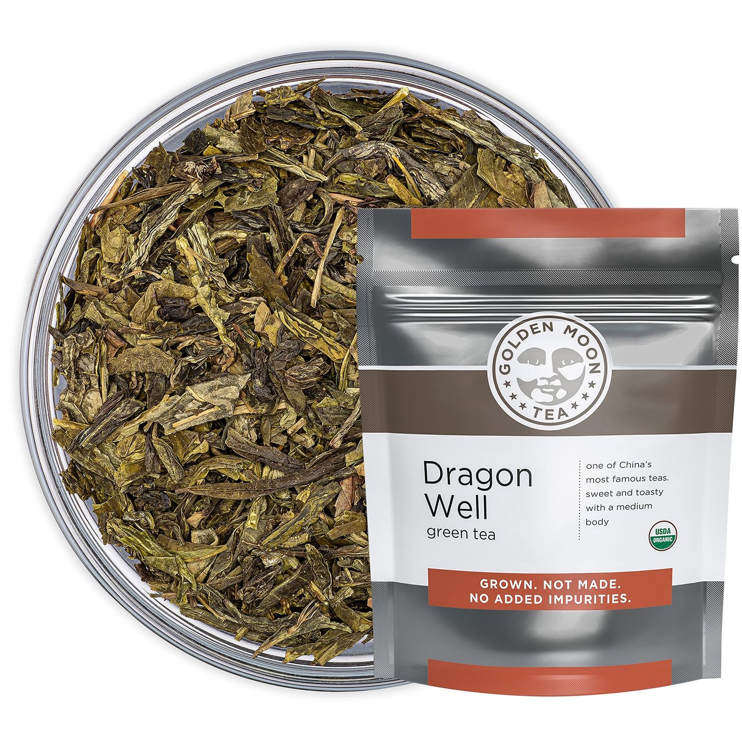 Golden Moon Tea Organic Dragon Well Longjing Green Tea - Loose Leaf, Non GMO - Half Pound (96 Servings)