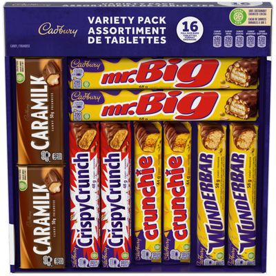 Cadbury 16 Full size Chocolate Bars Variety Pack - Wunderbar, Caramilk, Mr.Big, Crunchie, Crispy Crunch 816 g