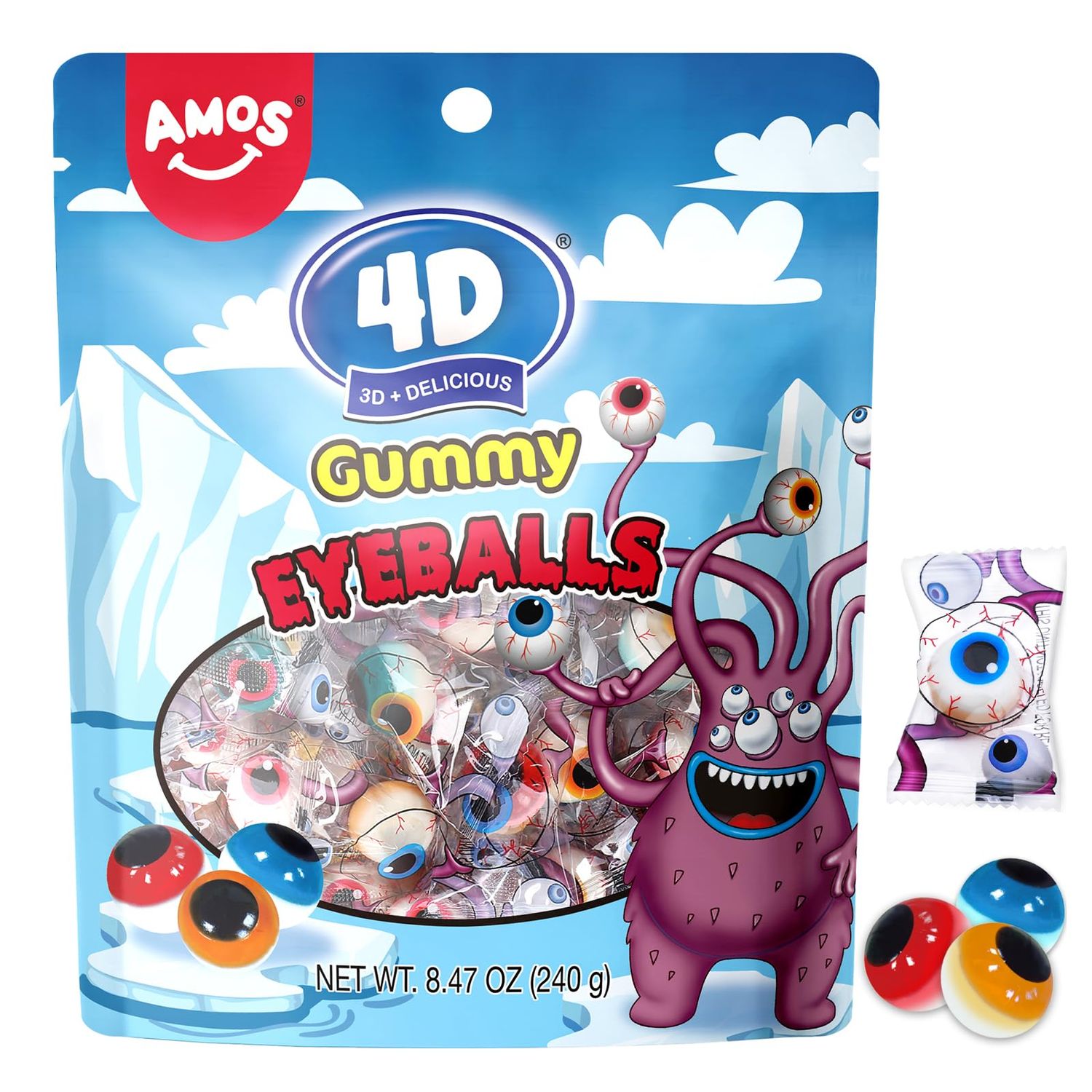 Amos 4D Gummy Eyeball Candy, Individually Wrapped 3D Eyeballs Shaped, Perfect Treat for Kids Halloween Parties Gift(40 Count)