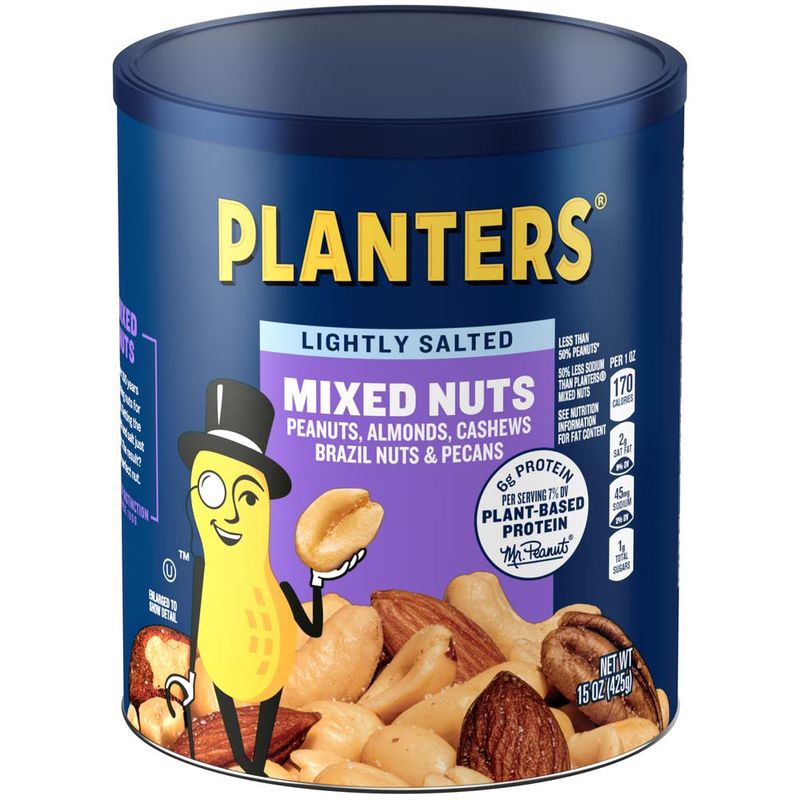 PLANTERS Lightly Salted Mix Nuts, Party Snacks, Plant-Based Protein, 15 Oz Canister