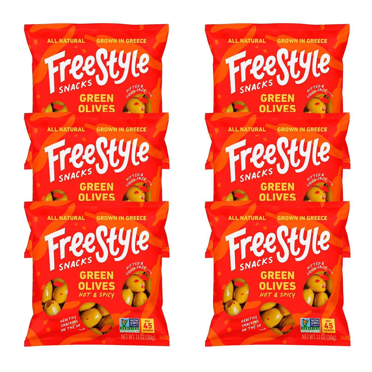 Freestyle Snacks Olive Snack Packs - Single Serve - Fresh Pitted Green Olives, Jumbo-Sized, Grown in Greece, All Natural, Non-GMO, Paleo, Sugar-Free, Keto, Salty Snack - Hot and Spicy, 1.1oz (6 Pack)