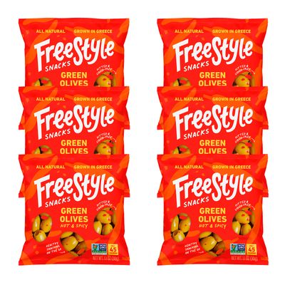 Freestyle Snacks Olive Snack Packs - Single Serve - Fresh Pitted Green Olives, Jumbo-Sized, Grown in Greece, All Natural, Non-GMO, Paleo, Sugar-Free, Keto, Salty Snack - Hot and Spicy, 1.1oz (6 Pack)