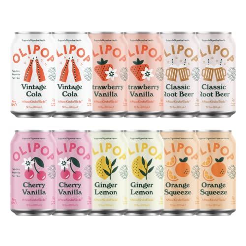 OLIPOP - The Sampler, 6-Flavor Soda Variety Pack, Healthy Soda, Prebiotic Soft Drinks, Supports Digestive Health &amp; Gut Health, High Fiber, Low Calorie, Low Sugar, Vegan (12 oz, 12-Pack)
