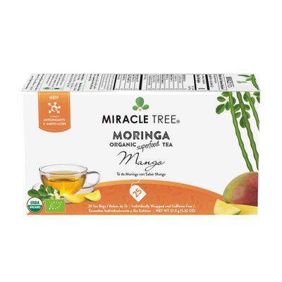 Miracle Tree - Organic Moringa Superfood Tea, 25 Individually Sealed Tea Bags, Mango (Keto, Detox, Energy &amp; Immunity Booster, Vegan, Gluten-Free, Organic, Non-GMO, Caffeine-Free)