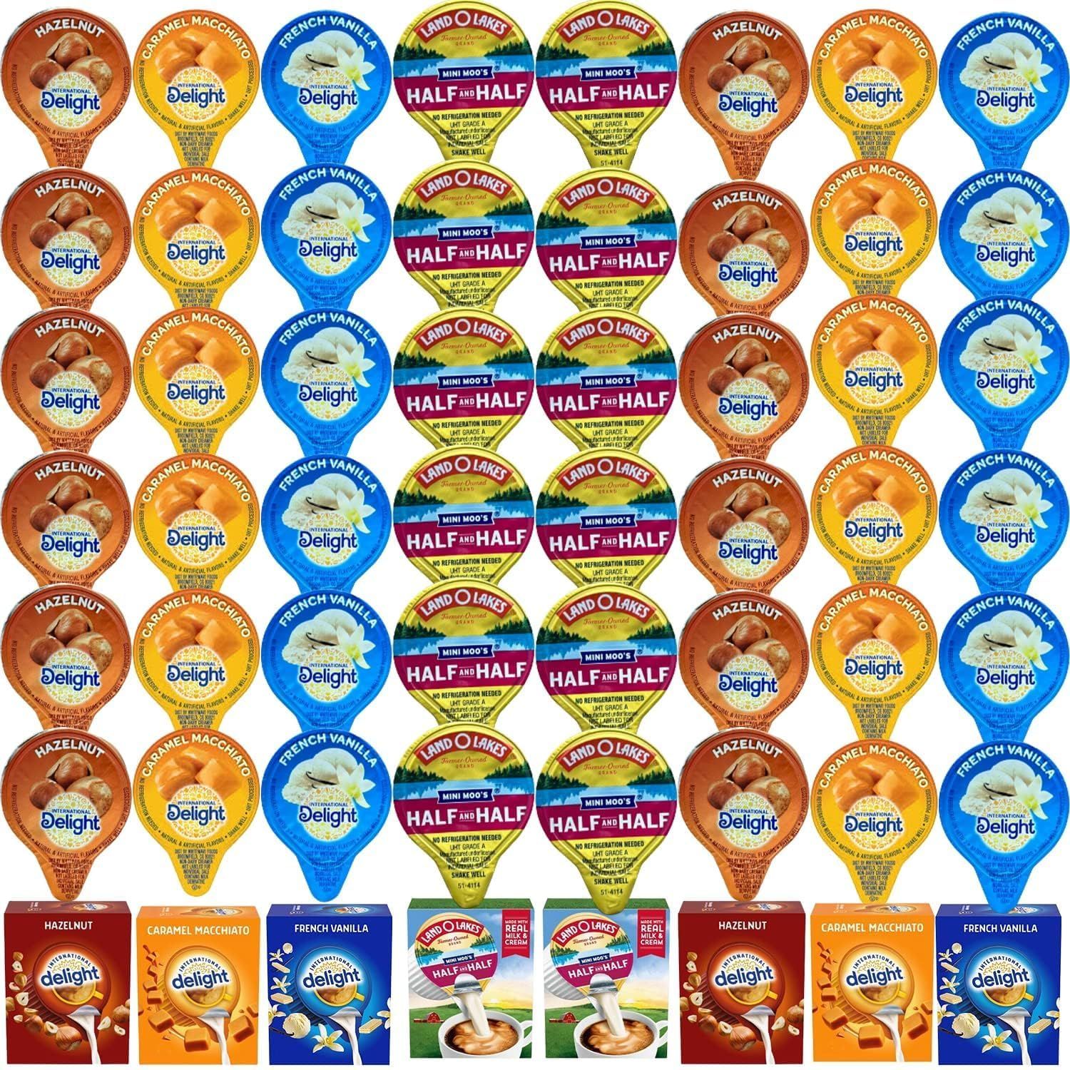 Coffee Creamer Singles Variety Pack Packaged by Bools, Intearnational Delight Mini Coffee Creamer &amp; Mini Moo&#39;s 4 Flavor Assortment (100 Pack) for Home, Office, Coffee, Bar, Gift
