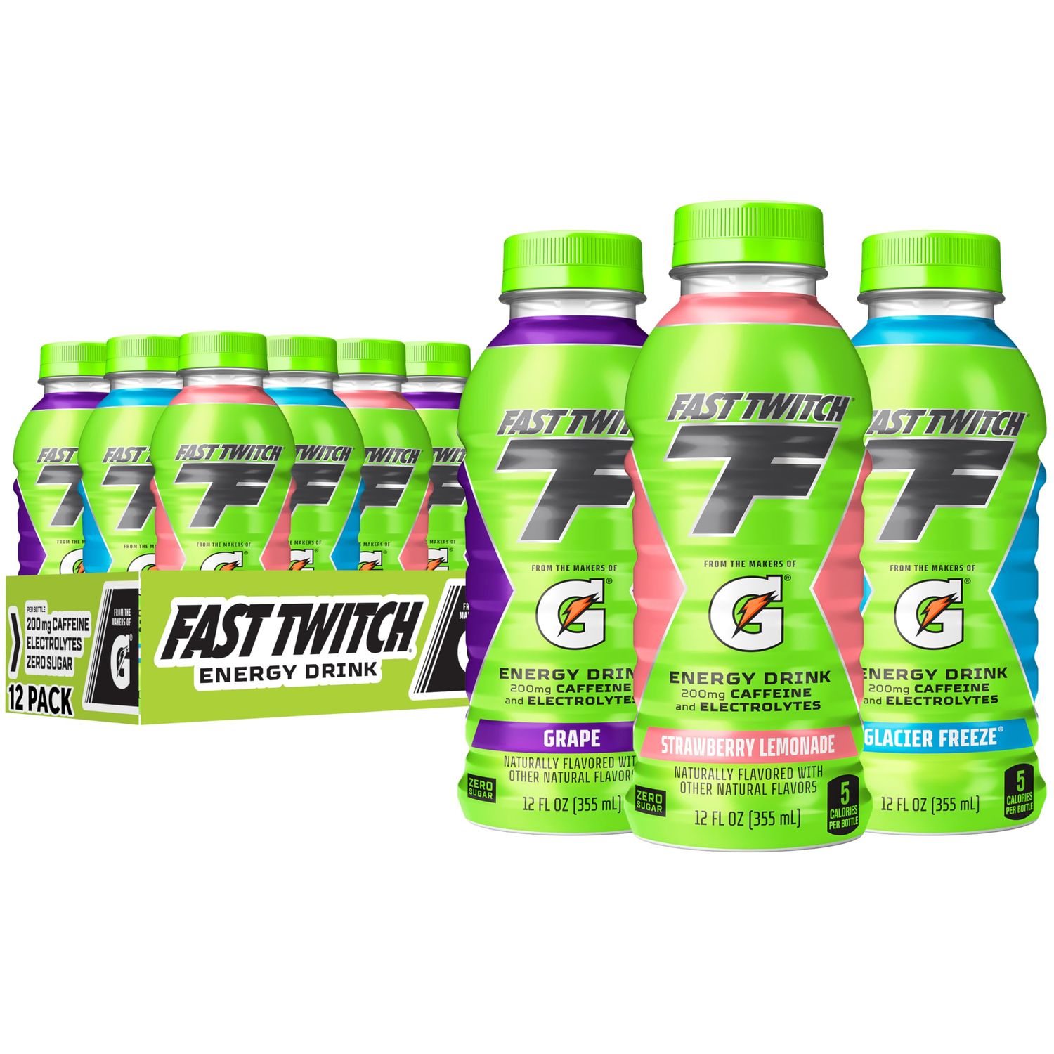 Fast Twitch Energy Drink from the Makers of Gatorade, Glacier Freeze, Strawberry Lemonade, Grape Variety Pack, 12 Fl Oz (Pack of 12)
