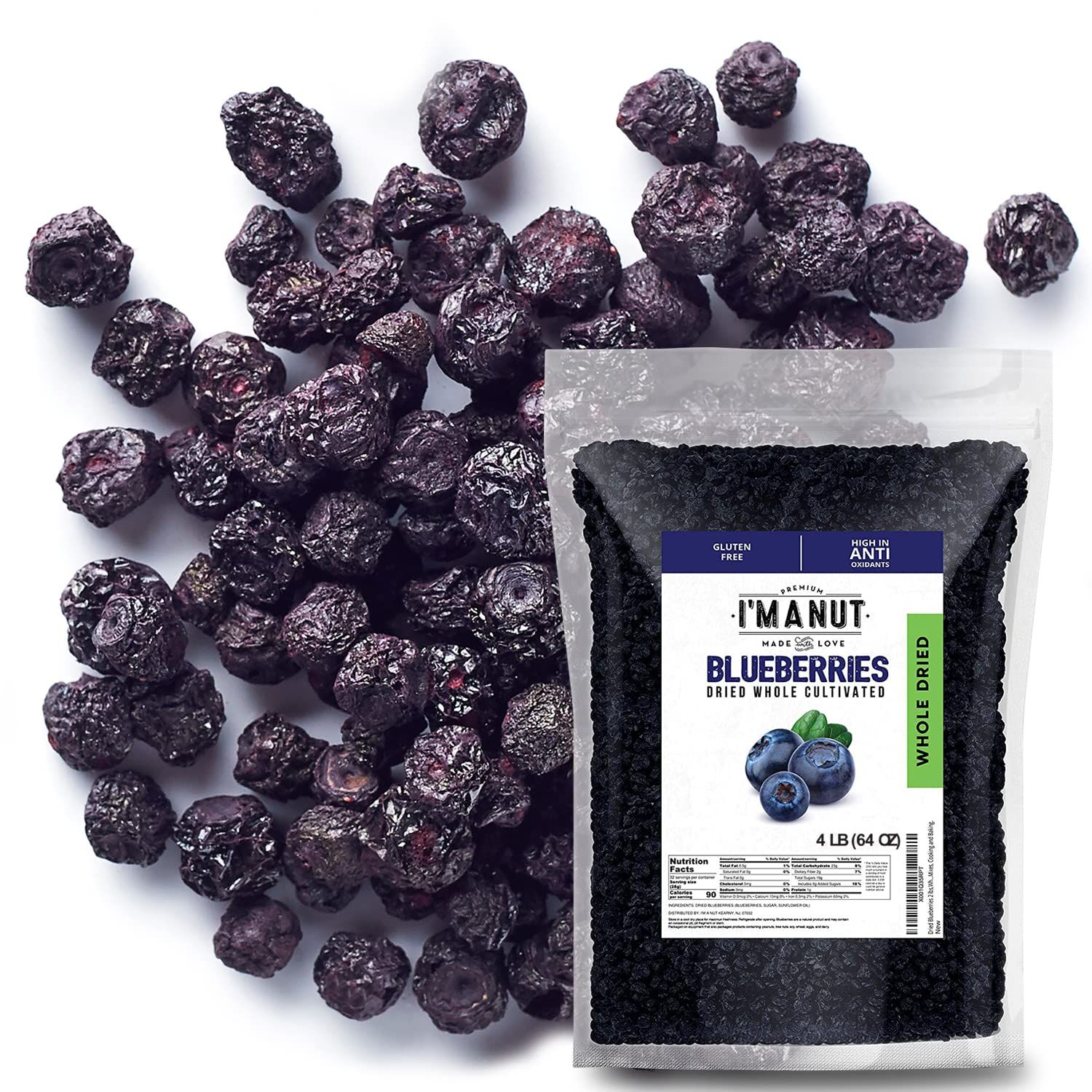 Premium Dried Blueberries 4 lbs (64oz) | Whole, Non-GMO | Batch Tested Gluten &amp; Peanut Free | Resealable Bag | Exceptional Taste &amp; Quality