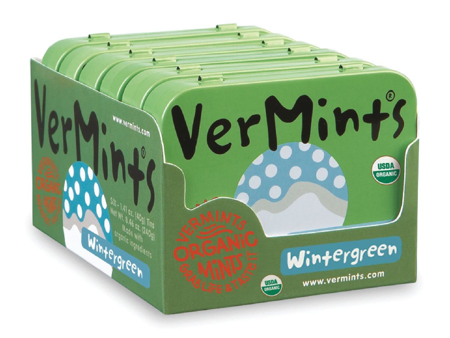 Organic Breath Mints by VerMints, Wintergreen Flavor, All Natural, Non-GMO, Nut Free, Gluten Free, Vegan, KSA Kosher, Pack of 6, 1.41oz Tins