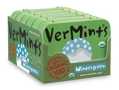 Organic Breath Mints by VerMints, Wintergreen Flavor, All Natural, Non-GMO, Nut Free, Gluten Free, Vegan, KSA Kosher, Pack of 6, 1.41oz Tins
