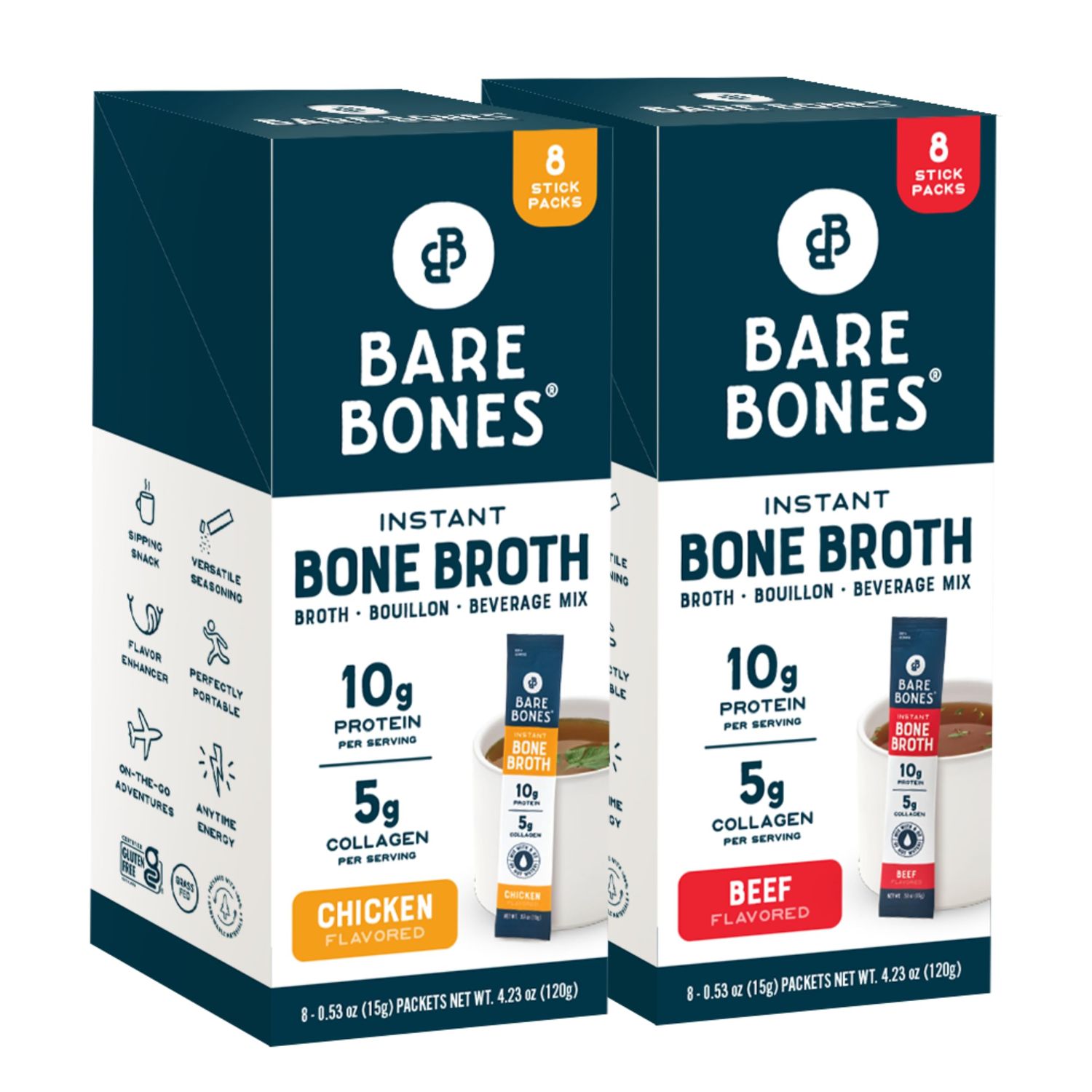 Bare Bones Bone Broth Instant Powdered Mix, Variety Pack, 8 Chicken and 8 Beef, 15g Sticks, 10g Protein, Keto &amp; Paleo Friendly Bone Broth Packets, 16 Total Servings