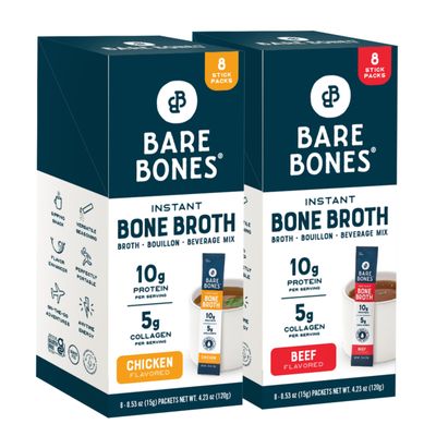 Bare Bones Bone Broth Instant Powdered Mix, Variety Pack, 8 Chicken and 8 Beef, 15g Sticks, 10g Protein, Keto &amp; Paleo Friendly Bone Broth Packets, 16 Total Servings